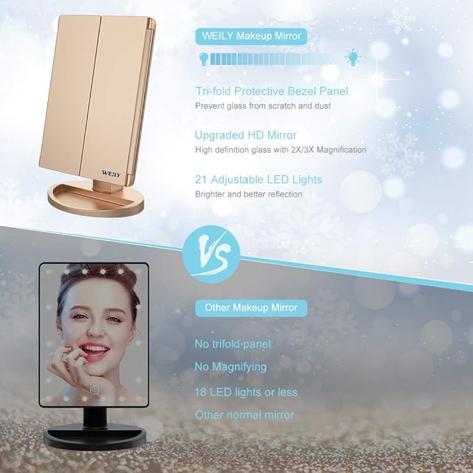 WEILY Makeup Mirror with 21 LED Lights,Two Power Supply Modes, Adjustable Touch Screen and 1x/2x/3x Magnification Tri-Fold Vanity Mirror,Chargeable Travel Cosmetic Mirror for Desktop(Gold)