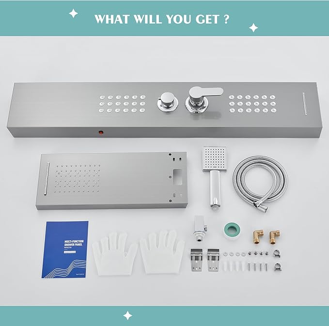 KINKIB LED Shower Panel Tower System with Rainfall Waterfall Shower Head, 5-in-1 Shower Tower with Powerful Body Jets, Handheld and Tub Spout, Shower Column Stainless Steel, Brushed Finish