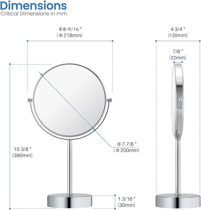 KIBI Free Standing Magnifying Makeup Mirror | Dual-Sided 1X/5X Magnification | 360° Rotating Vanity Mirror for Precise Grooming, Skincare & Beauty (Matte Black, KMM103)