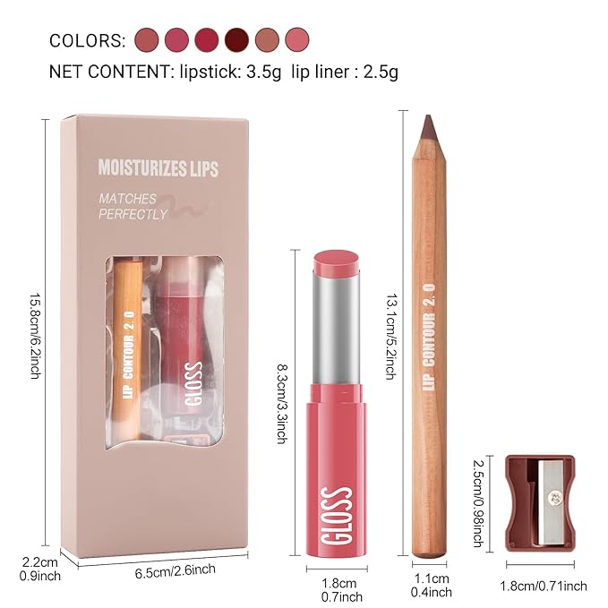 Erinde 2pcs Lip Liner and Lipstick Combo Set, Matte Lipliner Pencil & Hydrating Lip Gloss Makeup Kits for Women, Waterproof, Long Lasting, Highly Pigmented, Nude Brown Natural Lipstick, 07
