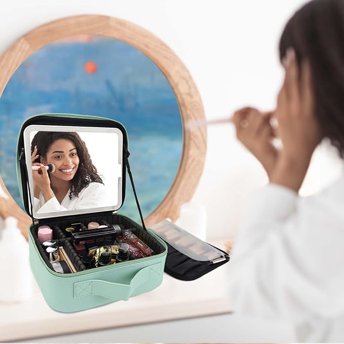 SLUMAZI Travel Makeup Bag with LED Mirror Travel Makeup Organizer with 3 Lighted Settings, Adjustable Dividers and Makeup Brush Storage Bag Light Green