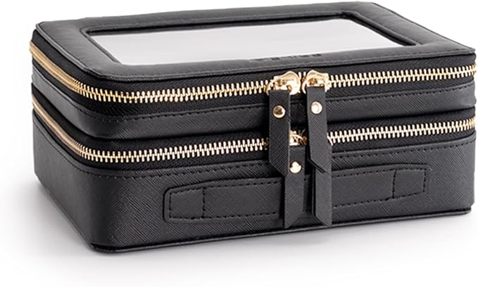 Aveniee XL Clear Makeup Organizer,Double Layer Travel Cosmetic Case with Brush Holder & Zippered Compartments,Big Toiletry Bag for Travel Accessories,2 Layers Large,Black