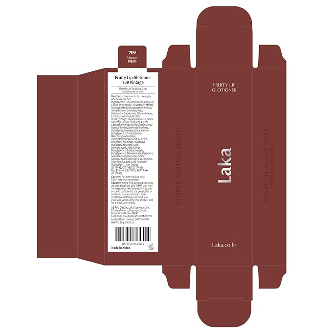 Laka Fruity Lip Glotioner, 10ml/0.33 fl.oz, Lip Gloss with High Shine Vivid Colors, Jelly tip for Hygienic & Easy Application, K-Beauty (#709 Vintage)