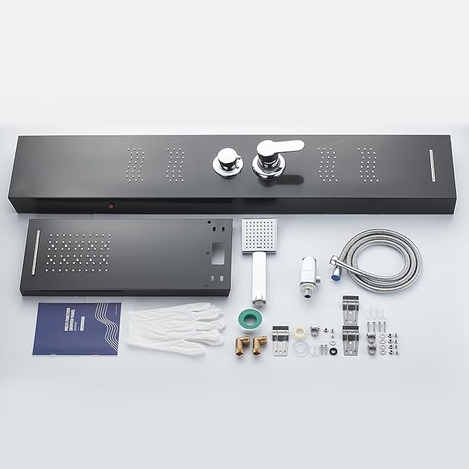 TSIBOMU Stainless Steel Shower Panel Tower System with LED Lights, 5 in 1 Shower Panel with Rainfall Waterfall Shower Head, Body Spray, Handheld Shower, Tub Spout (Black)