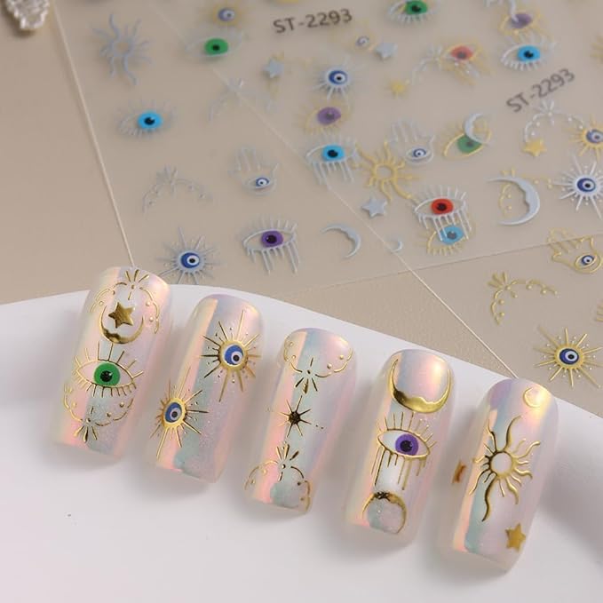 12 Sheet Gold Eye Nail Stickers Decals 3D Self Adhesive Goth Nails Decals Gold Silver Sun Star Nail Art Stickers Metallic Snake Horror Eye Gothic Design Sticker for Women Manicure Decoration
