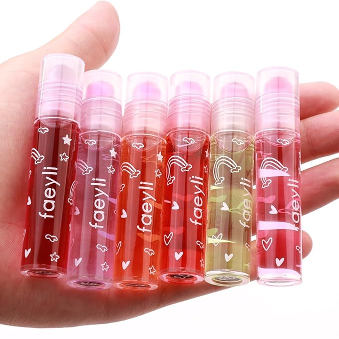 6PCS Roll On Lip Gloss Set, Fruity Flavors Moisturizing Lip Oil,Kids Lip care,Transparent Plumping Lip Gloss,Kid Friendly, Party Gift