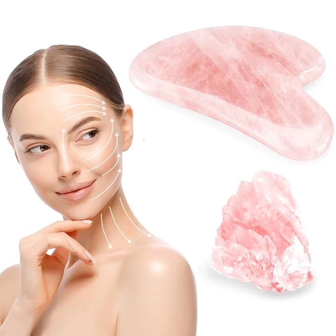 Natrual Rose Quartz Gua Sha Facial Tools | Guasha Tool for Face Sculpting, Shaping, Reduce Puffiness, Tension Relief | Massage Stone for Eyes, Face and Body
