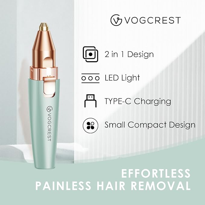 Eyebrow Facial Trimmer: 2 in1 Rechargeable Facial Hair Removal and Eyebrow Shaver - Face Lips Body Painless Facial Razor with Built-in LED Light (Pastel Green)