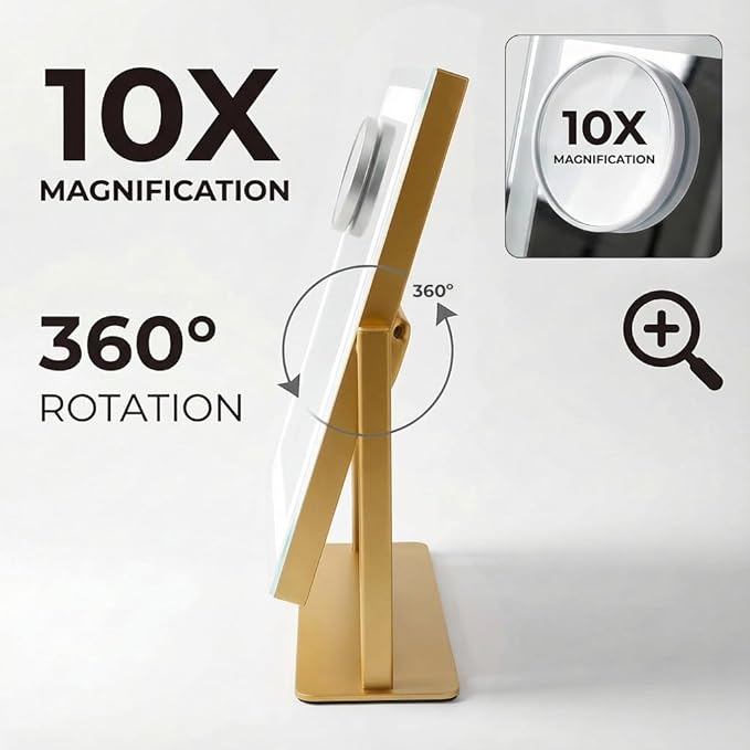 Vanity Mirror with Lights, 16" x 12" Lighted Makeup Mirror with Smart Touch Control, LED Makeup Mirror with 3 Color Lighting Modes, 360° Rotation, 10X Magnification for Tabletop - Gold