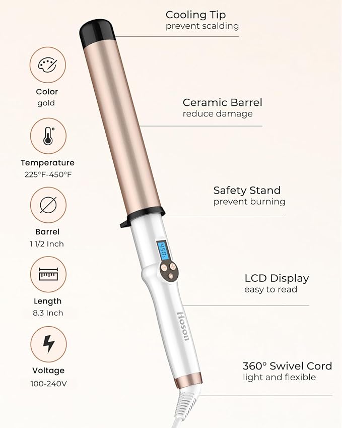 HOSON 1 1/2 Inch Large Curling Wand for Long Hair, 1.5 Inch Ceramic Extral Long Barrel Curling Wand Professional Dual Voltage, Adjustable Temperature