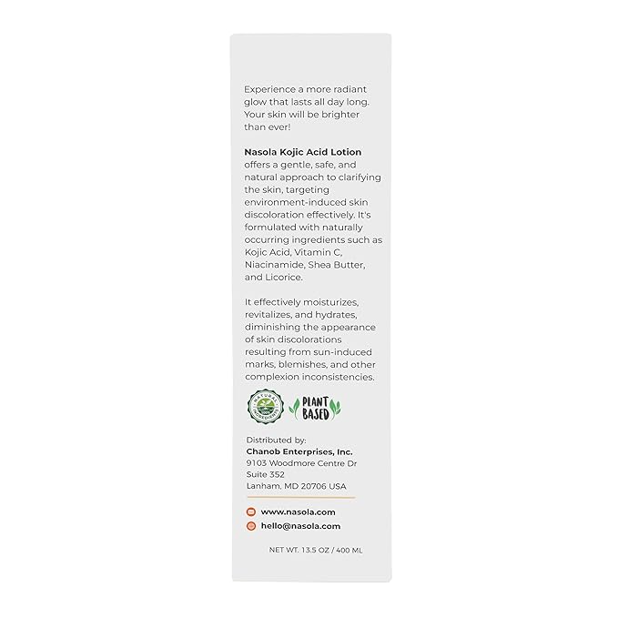 Nasola Kojic Acid Lotion Natural Skin Clarifying for Face & Body with Vitamin C, Niacinamide, Shea Butter, Licorice & Green Tea for Complexion Revitalization, Women & Men