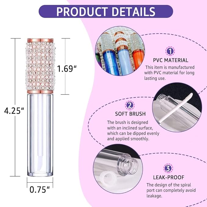 AMORIX 6pcs Lip Gloss Tubes with Wand 5ml Empty LipGloss Containers Pearl Diamond Lipgloss Bottles Lip Gloss Supplies Kit with 2pcs Syringe