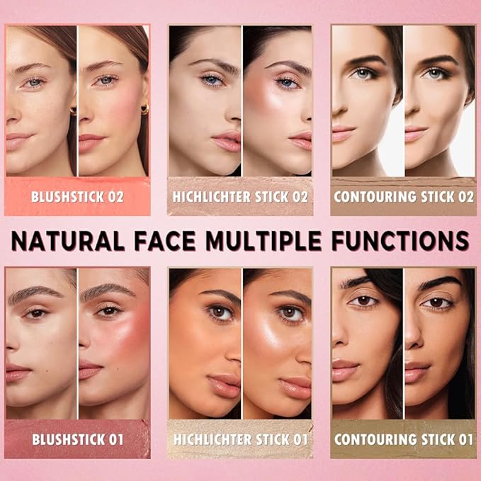 3 Pack Contour Stick Set, Face Shaping & Contouring Stick with Highlighter Blush Bronzer for Sculpt the Cheeks Nose Jawline, Blendable Long Lasting Makeup Stick Trio for Older Women (#2 NEUTRAL)