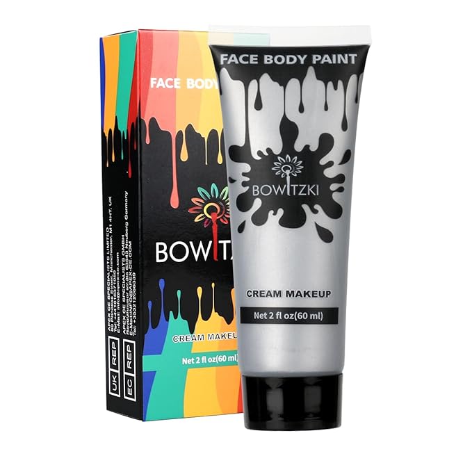 Bowitzki Face and Body Paint 2oz Cream Makeup 60ml Water Based Face Painting Special Effects For Adults Halloween Christmas Party Stage Cosplay (Silver)