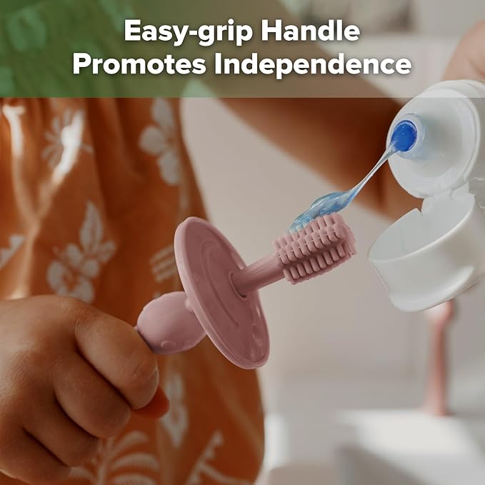 haakaa 360° Baby Toothbrush with Suction Base - Gentle Cleaning for Infant Self-Brushing Training, Food-Grade Silicone, Adjustable Safety Shield - Blush (1 Piece)