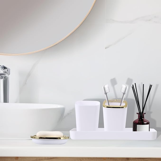 XLHOMO 9Pcs Bathroom Accessories - White Bathroom Accessories Set with Trash Can, Soap Dispenser, Soap Dish, Toothbrush Holder, Toothbrush Cup, Toilet Brush Holder, Qtip Holders and Tray for Home