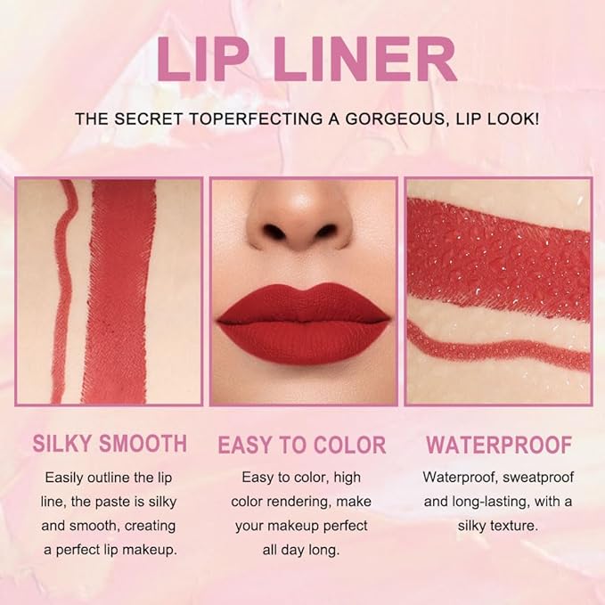 2-in-1 Ruby Red Matte Lip Liner and Lipstick Combo, Red Lipsticks for Women 24 hour Long Lasting Waterproof Smudge Proof, Easy to apply, Everyday Lips Makeup 01
