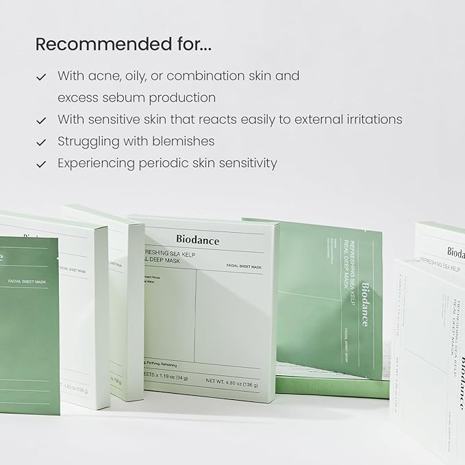 BIODANCE Refreshing Sea kelp Real Deep Mask, Overnight Hydrogel Mask, Calming, Oil & Sebum Control, Blemish Care, Korean Skin Care, Gifts for Women | 1.19oz(34g) x 4ea