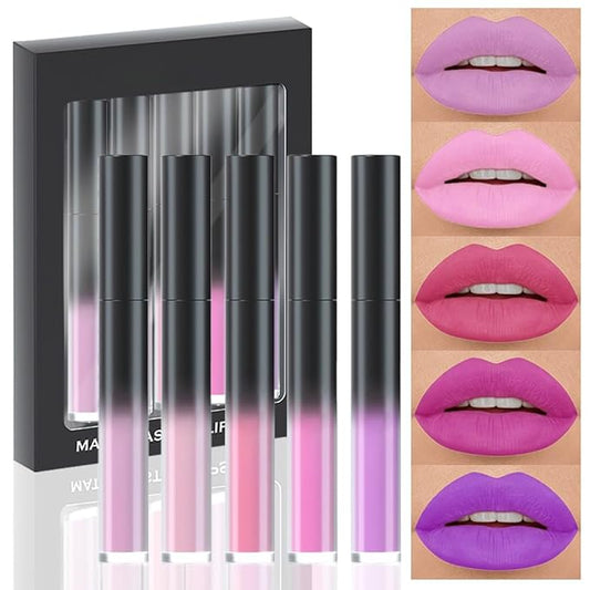 AMY'S DIARY Pink Purple Matte Plum Liquid Lipstick 5Pcs Sets,24-hour Lipstick Light Red Plum Red Lip Stain 24 Smudge Waterproof Matte Lipstick Lip Stain Gloss Long Lasting for Girl (Set01)