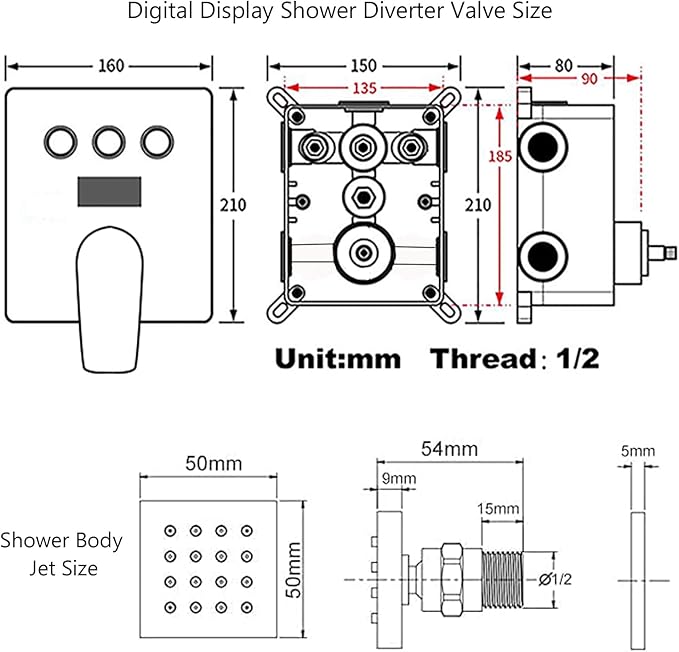 WHSHOWER Digital Display Shower Faucet Set With 12 Inch Rainfall Shower Head,Brass Handheld Sprayer And 6pcs Body Jets,Full Body Shower System (Brushed Gold)