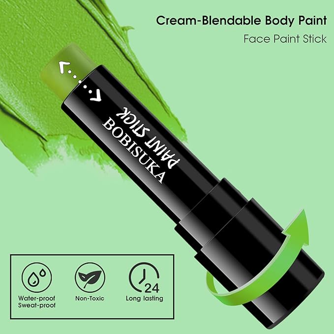 BOBISUKA Green Face Paint Stick, Full Coverage Face Painting for Adults Children – Sweatproof Waterproof Body Paint for Halloween Cosplay SFX