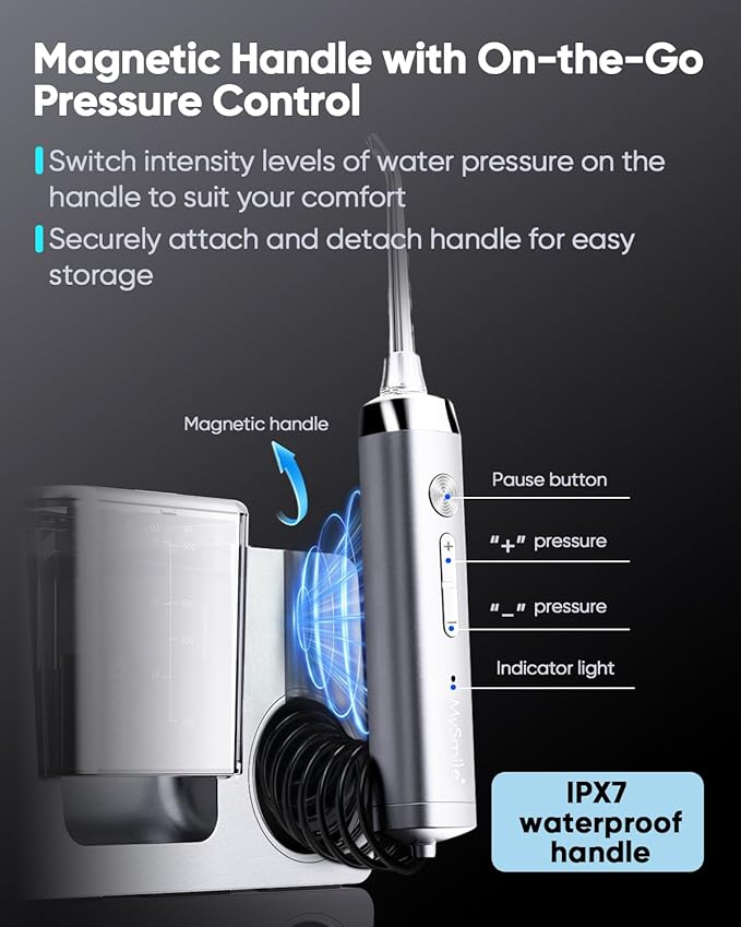 MySmile LP233 Pro UVC Sterilizable Countertop Water flossers for Teeth 800ML Digital Display Electric Oral Irrigator with a Water Filter 3 Modes and 6 Jet Tips (Lightning Silver)