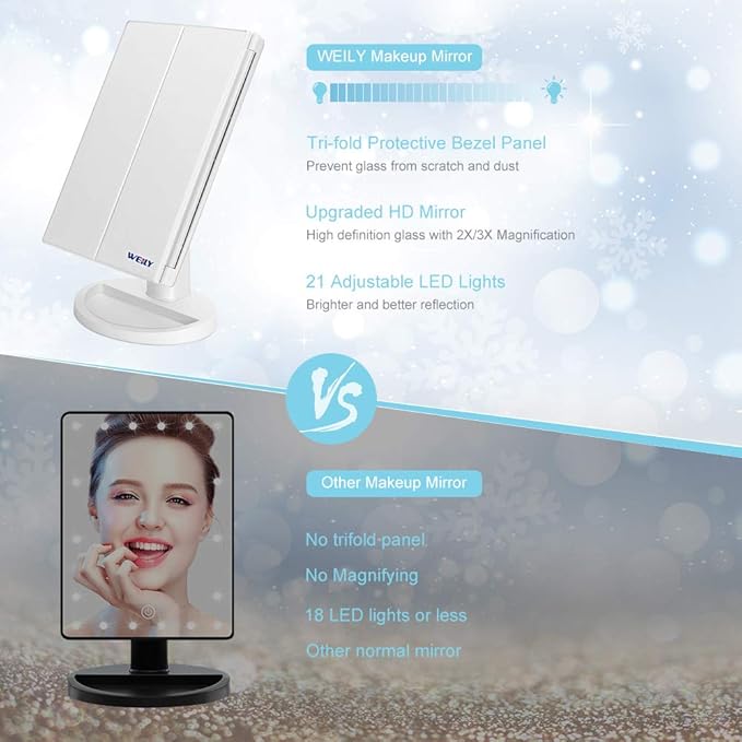 WEILY Makeup Mirror with 21 LED Lights,Two Power Supply Modes, Adjustable Touch Screen and 1x/2x/3x Magnification Tri-Fold Vanity Mirror,Chargeable Travel Cosmetic Mirror for Desktop(White)