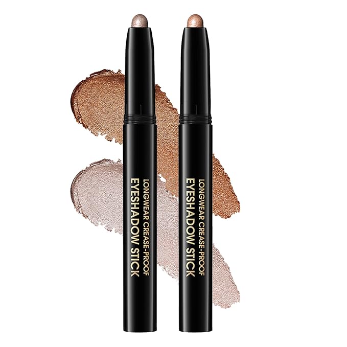 Chifure Eyeshadow Stick, Shimmer and Matte Cream Eye Shadow Brightener Sticks Eyeliner Pencil Crayon, Waterproof Long Lasting Eye Highlighter Stick Makeup,0.056 Oz(2PCS #1-Caramel+#9-Champagne)