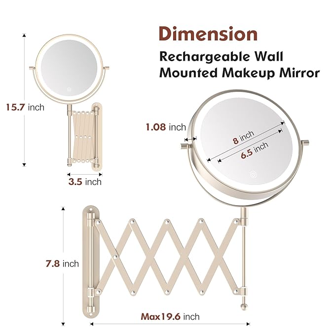 Rechargeable Wall Mounted Makeup Mirror - 8 Inch Double Sided 1X/10X Magnifying Mirror with 3 Color Lights Dimmable Touch Screen, 360ยฐSwivel 19.6 Inch Extendable Accordion Bathroom Mirror - Nickel