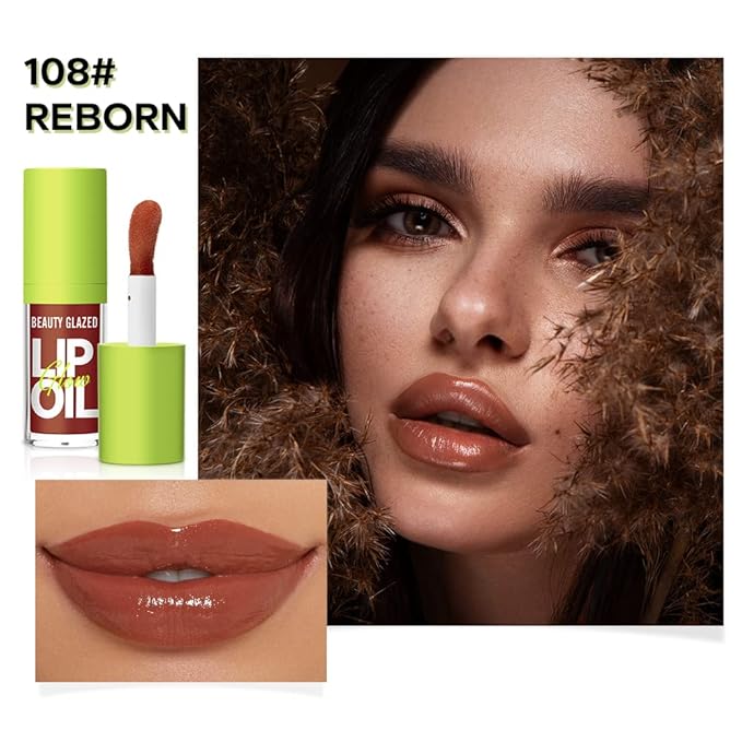Beauty Glazed Big Brush Head Lip Oil, Ultra-Hydrating & Nourishing, Smooth Glossy Finish Lip Glow Oil, Shiny and Vegan Tinted Lip Gloss, Non-Sticky Formula (1, 108# REBORN)