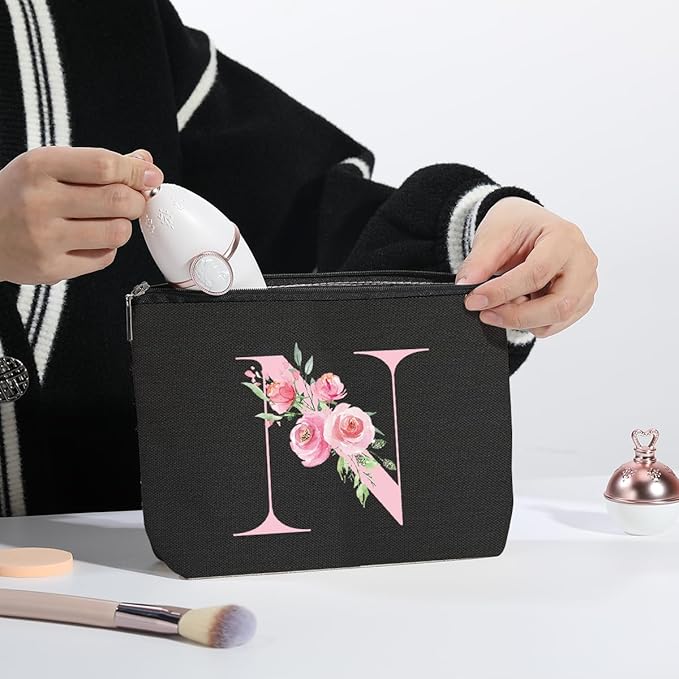 kdxpbpz A-Z Personalized Cosmetic Bag Monogrammed Makeup Bags Bridesmaid Gifts Custom Toiletry Pouch Gifts for Women Mom Best Friend Sister Bride Bridesmaid (N)