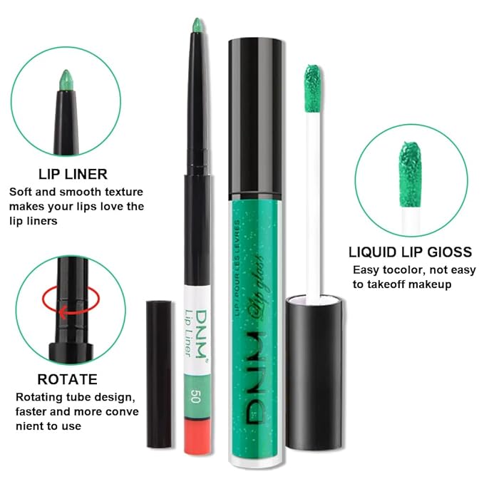 evpct 2Pcs Green Shimmer Glitter Shiny Liquid Lipstick Lip Gloss Stain and Retractable Lip Liner Makeup Set for Women Long Lasting Waterproof 24 Hours Lipstick labial mate larga duracion 24 50#
