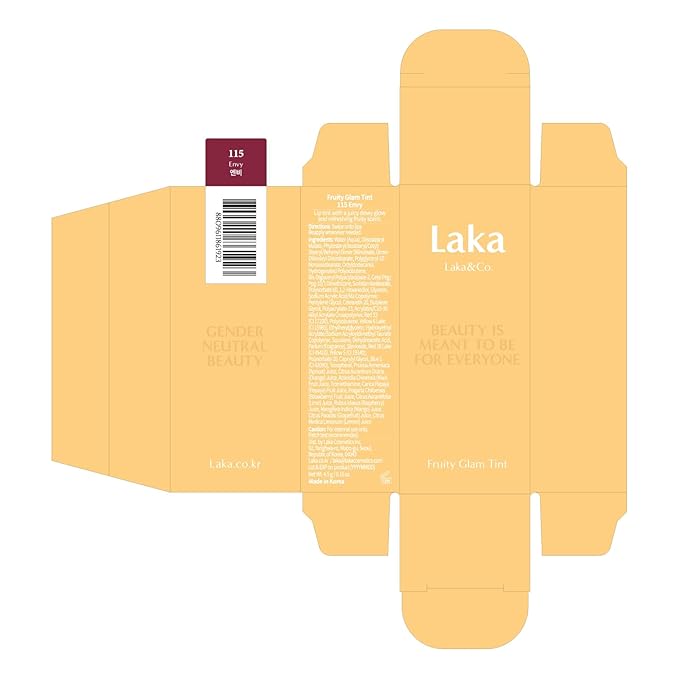 Laka Fruity Glam Tint, 4.5g/0.15oz, Glowing Lip Stain with Wide Color Spectrum, Hydrating & Lightweight Texture, Buildable Color, Non-Sticky, Vegan, K-Beauty (#115 Envy)