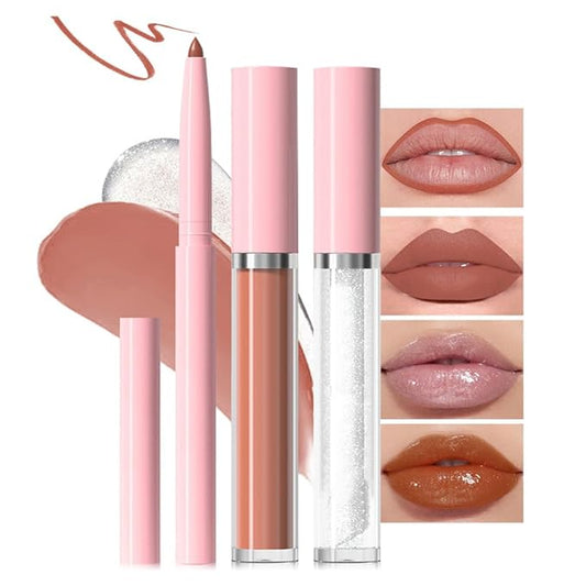 3-in-1Beige Nude Matte Lip Stain Kit | Waterproof Lip Liner + Hydrating Matte Lip Gloss + Nourishing Lip Oil | Long Lasting Plumping to Create Perfect Lip Makeup.03#