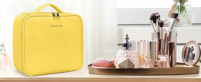 Gdsshuhung Makeup Bag with Mirror | Partitionable Professional Makeup Organizer | Large Travel Makeup Bag for Women | Cosmetic Case for Daily & On-the-Go Use (Light Yellow)