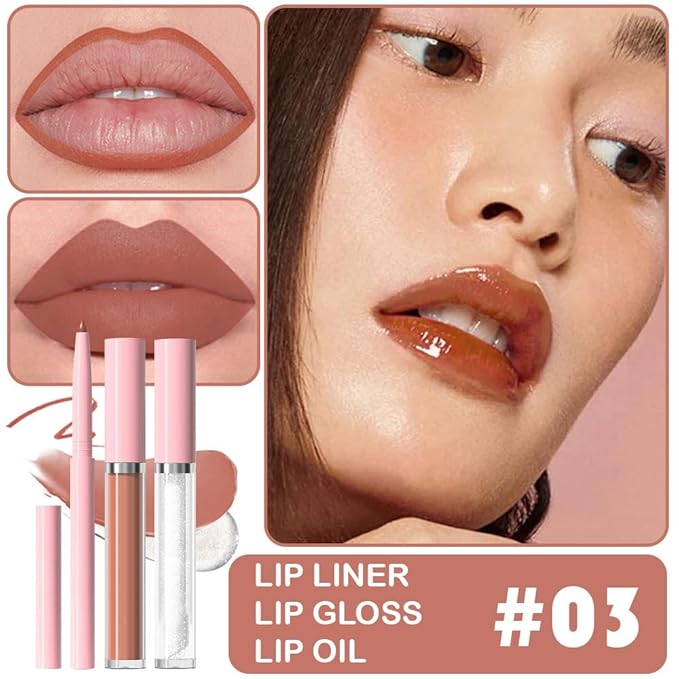 3-in-1Beige Nude Matte Lip Stain Kit | Waterproof Lip Liner + Hydrating Matte Lip Gloss + Nourishing Lip Oil | Long Lasting Plumping to Create Perfect Lip Makeup.03#