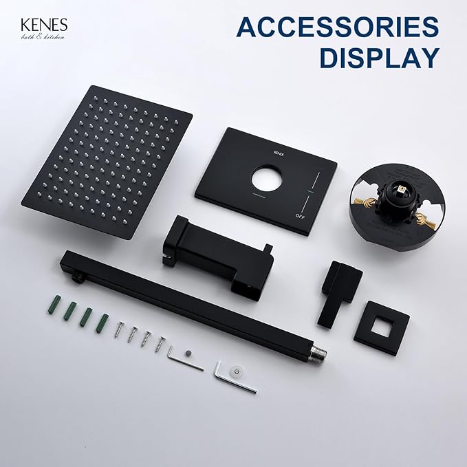 KENES Matte Black Tub Shower Faucet Set Complete with 10-Inch Rainfall Shower Head and Tub Spout, Square Tub and Shower Trim Kit, KE-6024A-2 (Shower Valve Included)