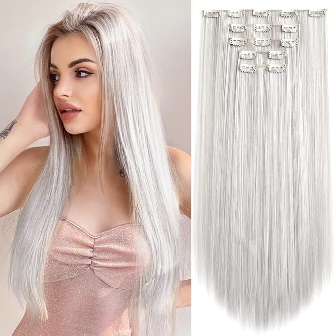 White Clip in Extension Straight 22" Long Synthetic Thick Clips on Hair Piece for Women 5PCS Black Curly Wavy 18" Cheap Brown Blonde Red Soft Natural Full Head Weddings Party Daily Use 5 Oz
