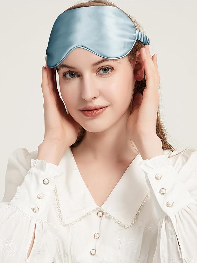 SILKTALE Mulberry Silk Blackout Adjustable Sleep Eye Mask for Men/Women Travel Plane,Pale Blue