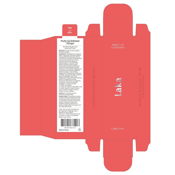 Laka Fruity Lip Glotioner, 10ml/0.33 fl.oz, Lip Gloss with High Shine Vivid Colors, Jelly tip for Hygienic & Easy Application, K-Beauty (#703 Apri)