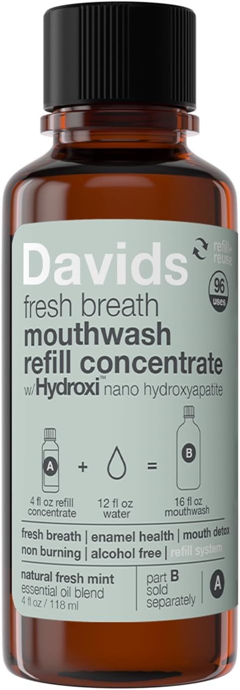 Davids Hydroxi™ Fresh Breath Mouthwash Refill Concentrate, Alcohol-Free, Fluoride-Free, Remineralizing Nano-Hydroxyapatite for Sensitive Teeth & Enamel Health, Gum Detox