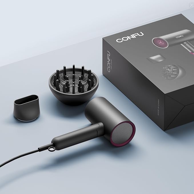 CONFU Diffuser Hair Dryer for Curly Hair,1500W Fast Drying Blow Dryer with Diffuser for Women,Compact & Portable Negative Ion Hairdryer,Mini and Foldable Blowdryer Design for Travel(Gray)