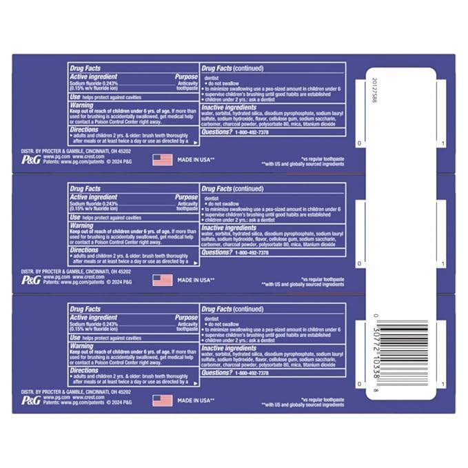 Crest 3D White Advanced Charcoal Teeth Whitening Toothpaste with Fluoride, 3.3 oz, Pack of 3