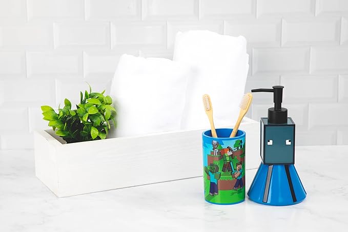 Jay Franco Minecraft Tumbler - Blue Resin Toothbrush/Pencil Holder Features Creeper & Enderman - Kids Bathroom Accessory
