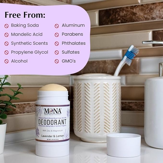 MONA BRANDS All Natural Magnesium Deodorant for Women & Men | Aluminum, Baking Soda, & Synthetic Fragrance Free for Sensitive Skin (Lavender Lemon) 2.65oz