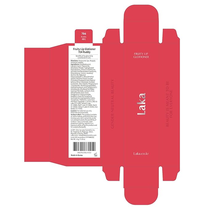 Laka Fruity Lip Glotioner, 10ml/0.33 fl.oz, Lip Gloss with High Shine Vivid Colors, Jelly tip for Hygienic & Easy Application, K-Beauty (#704 Ruddy)