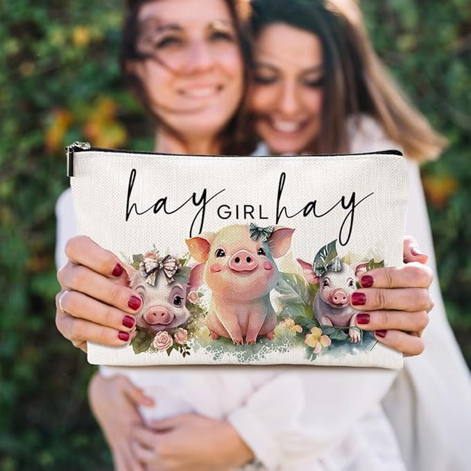 VICBOU Cute Western Pig Makeup Bag Pig Gifts for Girls Women Pig Print Stuff Merch for Pig Lovers Funny Christmas Birthday Gifts for Teens Best Friend BFF Bestie Mom Sister Hay Girl Cosmetic Bag