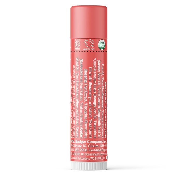 Badger Pink Grapefruit Classic Lip Balm, 100% Organic Lip Balm, Long Lasting Lip Care w/Light Silky Texture, Refreshing & Uplifting, 4 Pack