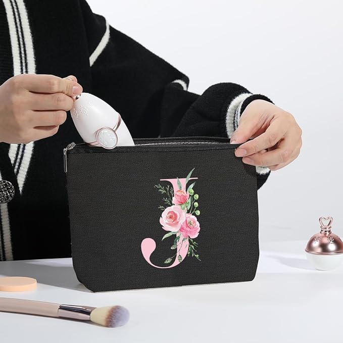 kdxpbpz A-Z Personalized Cosmetic Bag Monogrammed Makeup Bags Bridesmaid Gifts Custom Toiletry Pouch Gifts for Women Mom Best Friend Sister Bride Bridesmaid (J)