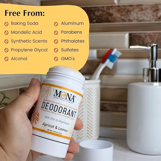 MONA BRANDS All Natural Magnesium Deodorant for Women & Men | Baking Soda & Aluminum Free | (Apricot Lemon) 2.65oz